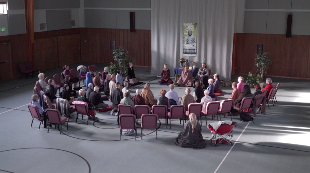 Peaceful group meditation during the Cascadia Insight Dialogue Retreat focused on mindfulness and relational meditation.